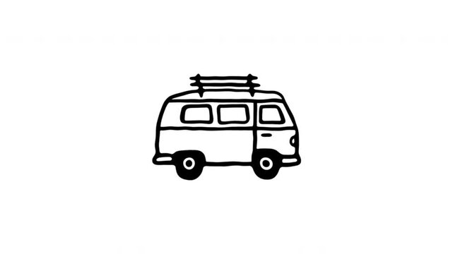 Camper Van For Road Trips And Travel Doodle Animation. Recreational Vehicle And Camping Adventure. 4K Video Loopable Overlay Element. Hand-Drawn Animated Icon With Alpha Channel.