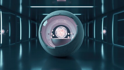 Fototapeta premium Futuristic corridor features glowing orb. Inside, brain structure visible, suggesting technology, science, innovation, potential. Dark ambiance creates dramatic effect.