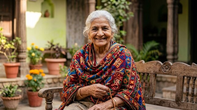 Smiling Indian Grandmother in Traditional Attire Sitting Outdoors