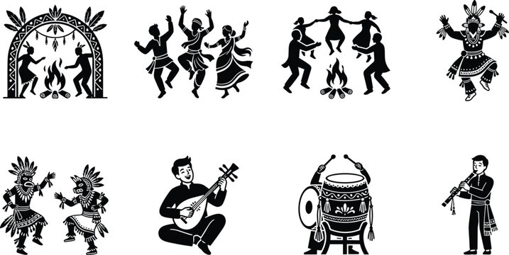Set of traditional folk dance and music icons featuring people in ethnic costumes playing instruments and dancing