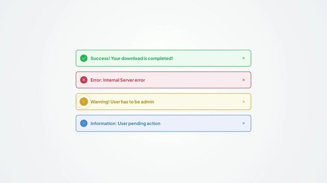 User interface design featuring four color-coded notification alert banners including success, error, warning, and information messages on a clean white background for software apps.
