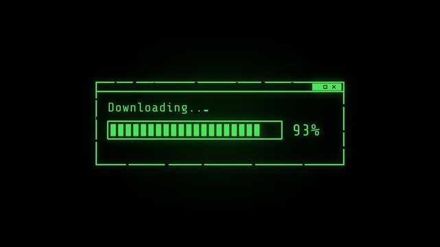 Retro Green Glowing Downloading Progress Bar Window on Black Background, Vintage Computer Interface with Percentage Counter, Old School Command Line Loading Screen Animation