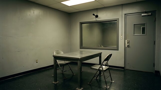 Minimalist interrogation room with table and chairs