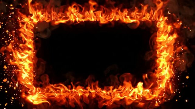 Dynamic burning fire frame with glowing sparks and smoke on black background, for overlays burning border