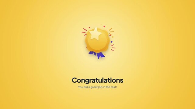 Gold medal badge icon with star and blue ribbon on a yellow background, congratulatory notification message reading You did a great job in the test for educational success.