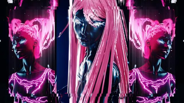 Cyberpunk woman with long pink hair split into three vertical screens, triptych VJ loop for multi screen stage