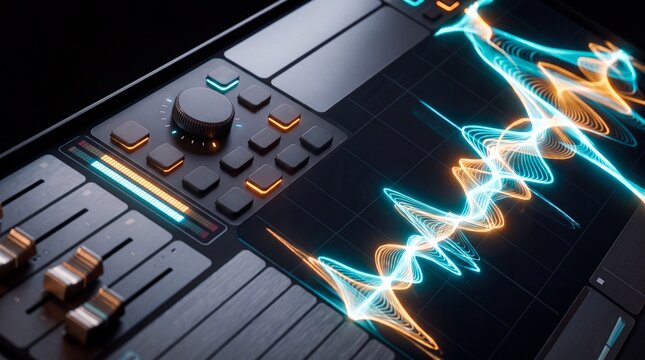 Digital audio mixer with a glowing waveform signal. Concept of AI sound processing, adaptive technology and intelligent audio control.