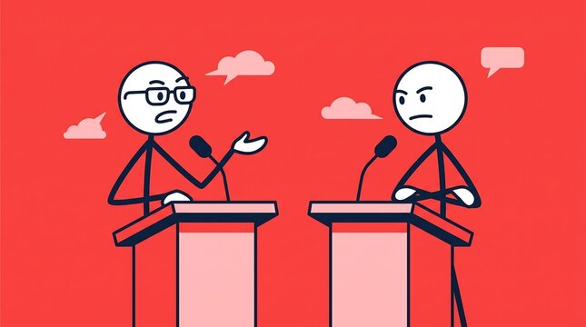 Two stick figures arguing at a debate podium