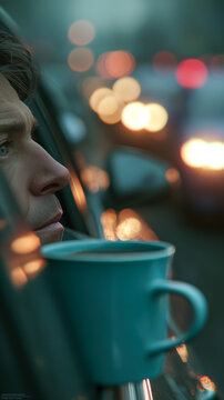 Man in car window with coffee, watching blurred city lights, feeling trapped