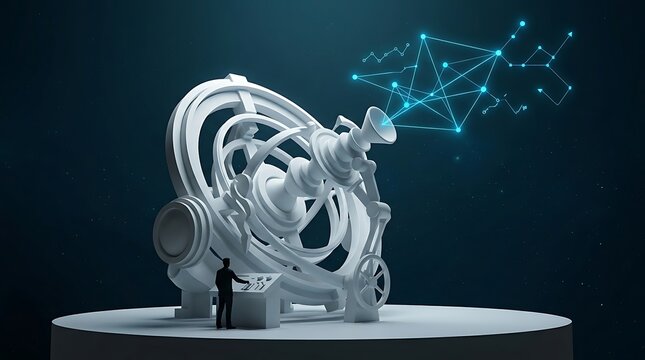 Complex futuristic astrolabe machine with a tiny human figure operating a control panel futuristic device science inst