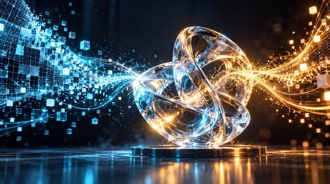 Luminous digital streams converge around an abstract core. Concept of AGI, connected intelligence and autonomous information processing.