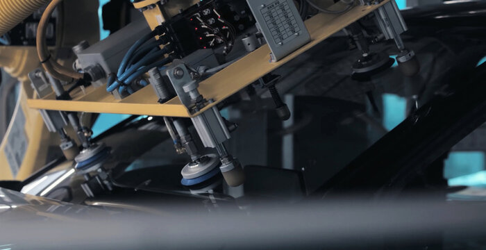 View of a robotic arm with suction cups performing precision assembly on a car windshield in a factory setting in Ji Lin Shi, Ji Lin Sheng, China.