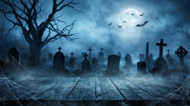 Wooden table surface in front of a foggy graveyard with gravestones and flying bats at night with dark wooden