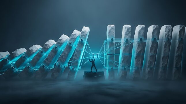 Futuristic mechanism with glowing blue energy conduits and stone pillars arranged in a curved sequence
