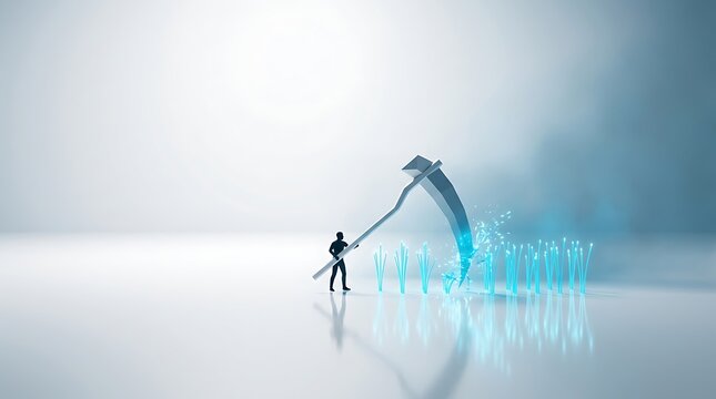 Abstract digital concept with person holding large glowing data scythe in minimalist landscape