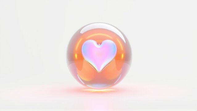 Glass sphere contains glowing heart. Soft light reflects, creating warm ambiance. Minimalist composition, simple background.