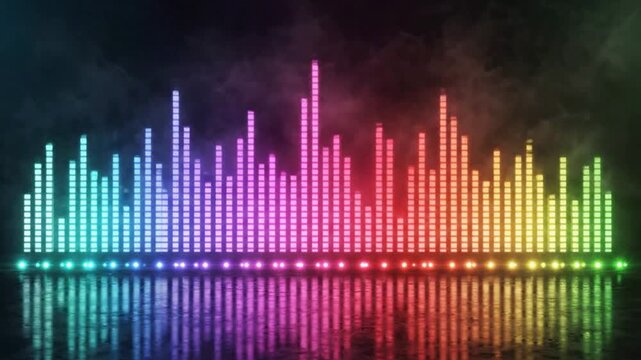 Vibrant rainbow audio equalizer visualizer loop with glowing spectrum bars and reflections on dark background