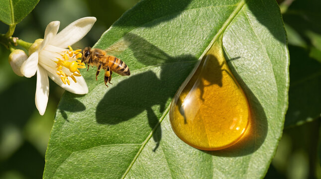 A honey bee flying near a white citrus blossom with a large drop of nectar on a green leaf
