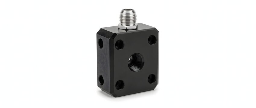 Black anodized aluminum manifold block with stainless steel male fitting.