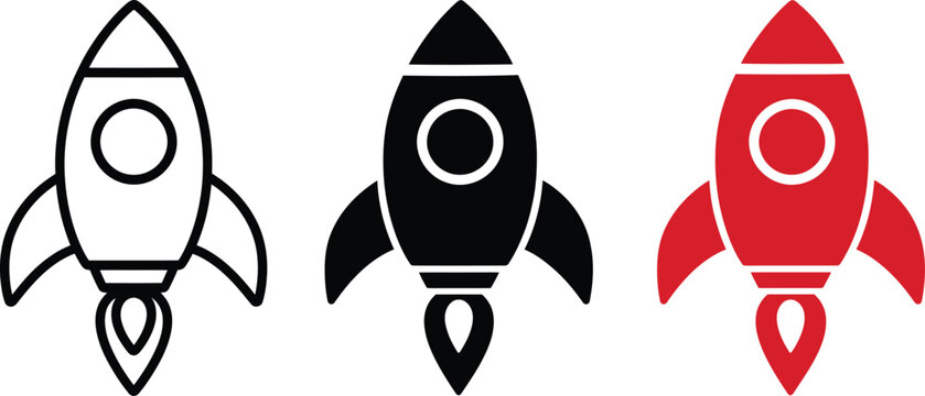 Rocket Launch Icon Set in Outline, Black and Red Styles