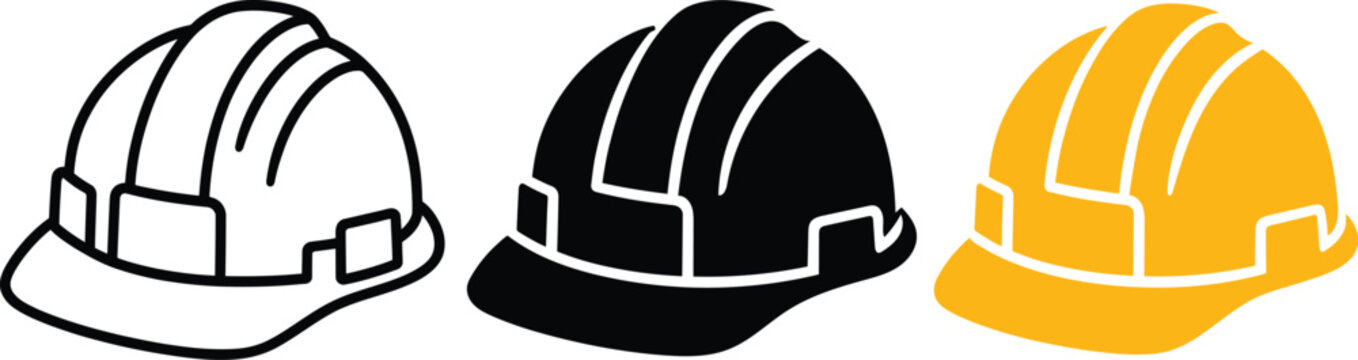 Construction Safety Helmet Icon Set in Outline, Black and Yellow Styles