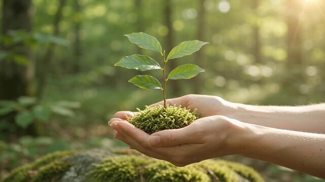 Hands holding mossy sapling in forest for conservation