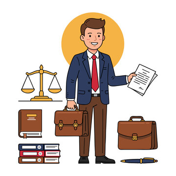 Vector illustration of a professional male lawyer attorney holding legal documents and briefcase with scale of justice, law books, and files.