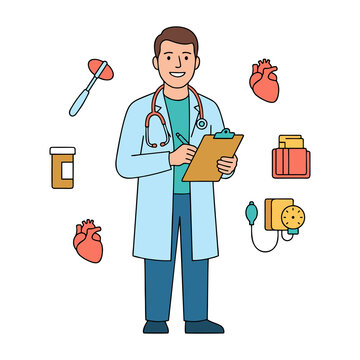 Vector illustration of a male doctor in white lab coat writing on clipboard surrounded by medical icons like heart, stethoscope, and medicine.