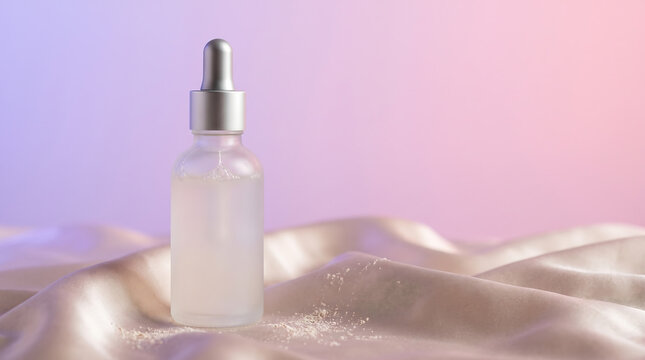 Glass dropper bottle with serum on silk fabric