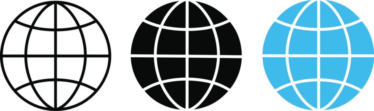 Global Globe Icon Set in Outline, Black and Blue Styles