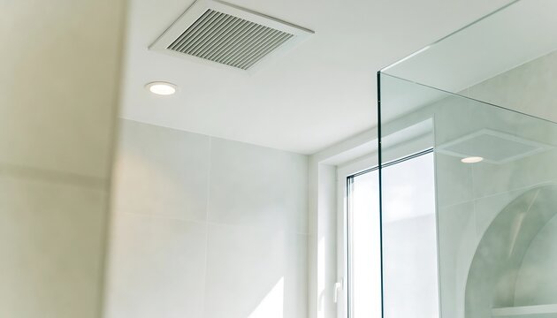 Modern bathroom ceiling vent and glass shower stall in a bright home Vector