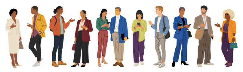 Obraz na płótnie Canvas Business professionals converse in casual attire. They gesture, smile, and appear engaged in discussion. Diverse group stands together in modern setting. Ideal for meeting, collaboration