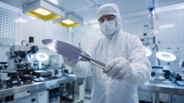 Cleanroom Technician Examining 300mm Silicon Semiconductor Wafer in Manufacturing Facility