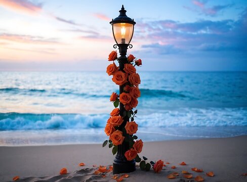 Vintage street lamp decorated with red roses on a beach at sunset Vector