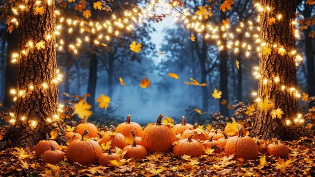 Autumn forest scene with glowing fairy lights and pumpkins surrounded by falling leaves for fall and halloween