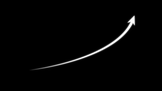 Animated white growth arrow rising upward on black background, for business success, and financial performance, data visualization.4k