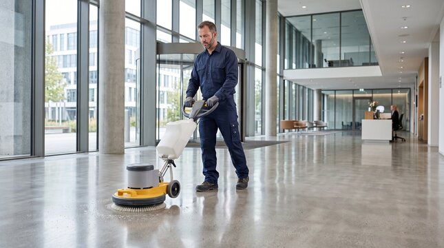 A man in blue uniform cleaning a large office lobby floor with a scrubber machine. Commercial cleaning, cleaning staff, professional cleaning, facility management, janitorial service.