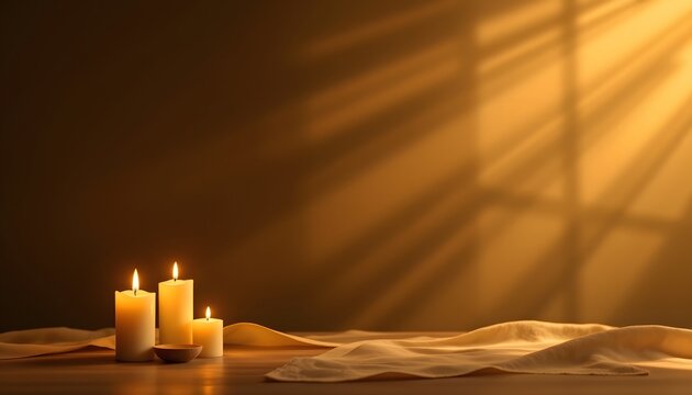abstract candlelight memorial background with soft flowing golden light over a deep brown gradient, subtle warm glow, serene and dignified atmosphere, minimalist luxury style