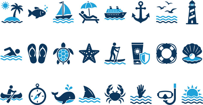 Summer Beach and Ocean Vacation Icon Set with Cruise Ships Marine Life Water Sports and Tropical Travel Elements for Tourism Designs