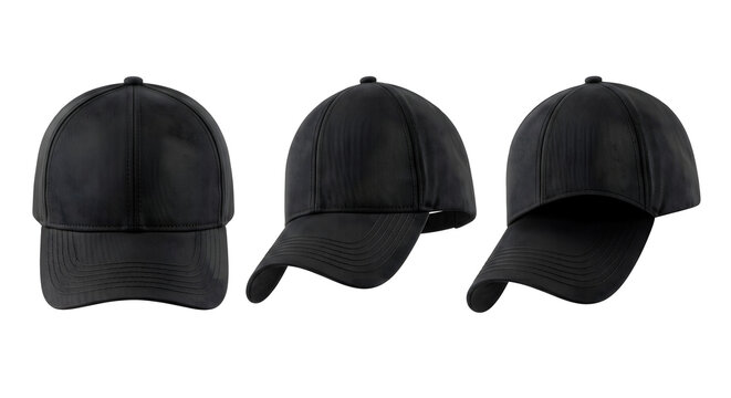 Black baseball cap collection three angles cotton fabric headwear for casual apparel brand mockups.