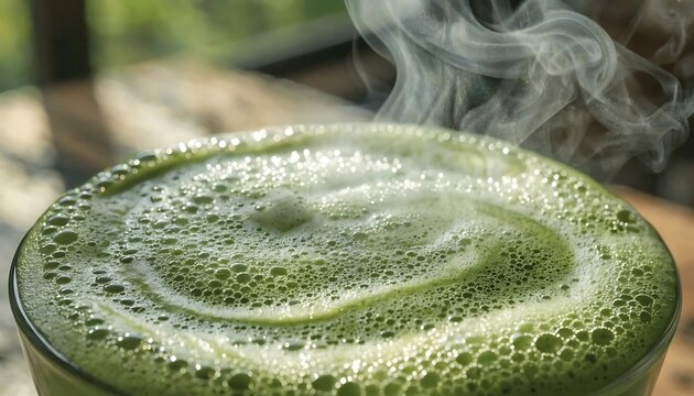 Hot matcha green tea latte with foam in a ceramic cup Vector