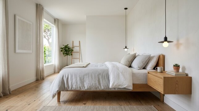 Inviting bedroom interior with a comfortable bed wooden nightstand and large window on a sunny morning