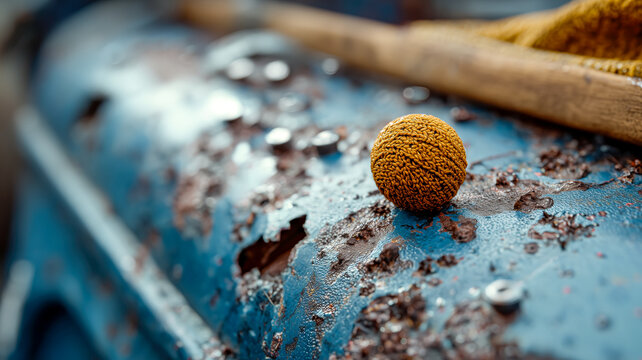 Knitted ball on rusty blue surface, a lost item