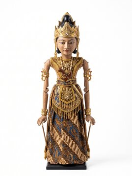 Isolated Wayang Golek Puppet Yudhistira King Blue Brown Batik Parang Gold Jeweled Crown Keris