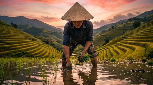 Farmer planting rice in terraced fields at sunset with conical hat and mountains in background