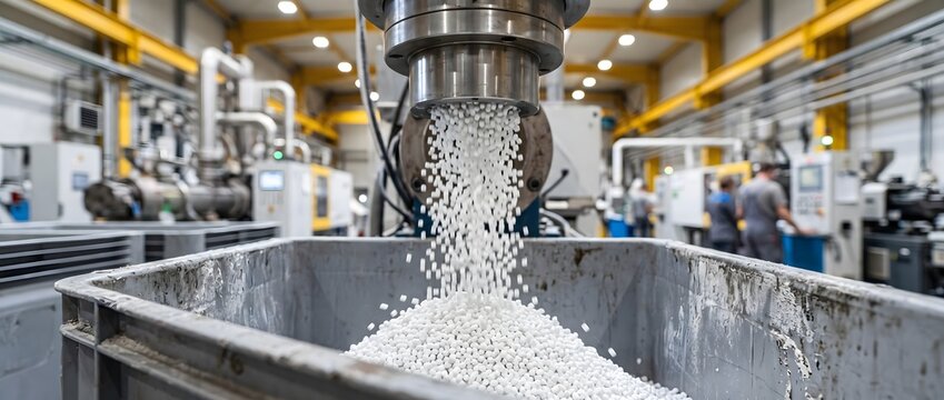 Plastic resin pellets falling from extrusion machine into storage container.