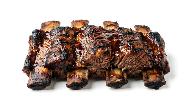 Glazed grilled beef back ribs with visible bones isolated on white background