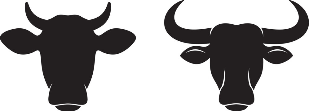 Black silhouettes of a cow head and a bull head with large horns isolated on a white background, also transparent background