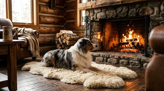 Australian shepherd dog lying on fluffy rug before cozy stone fireplace