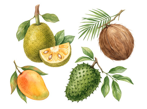 Jackfruit, coconut, mango, and soursop are arranged as a collection of tropical fruits for culinary display on a transparent background.